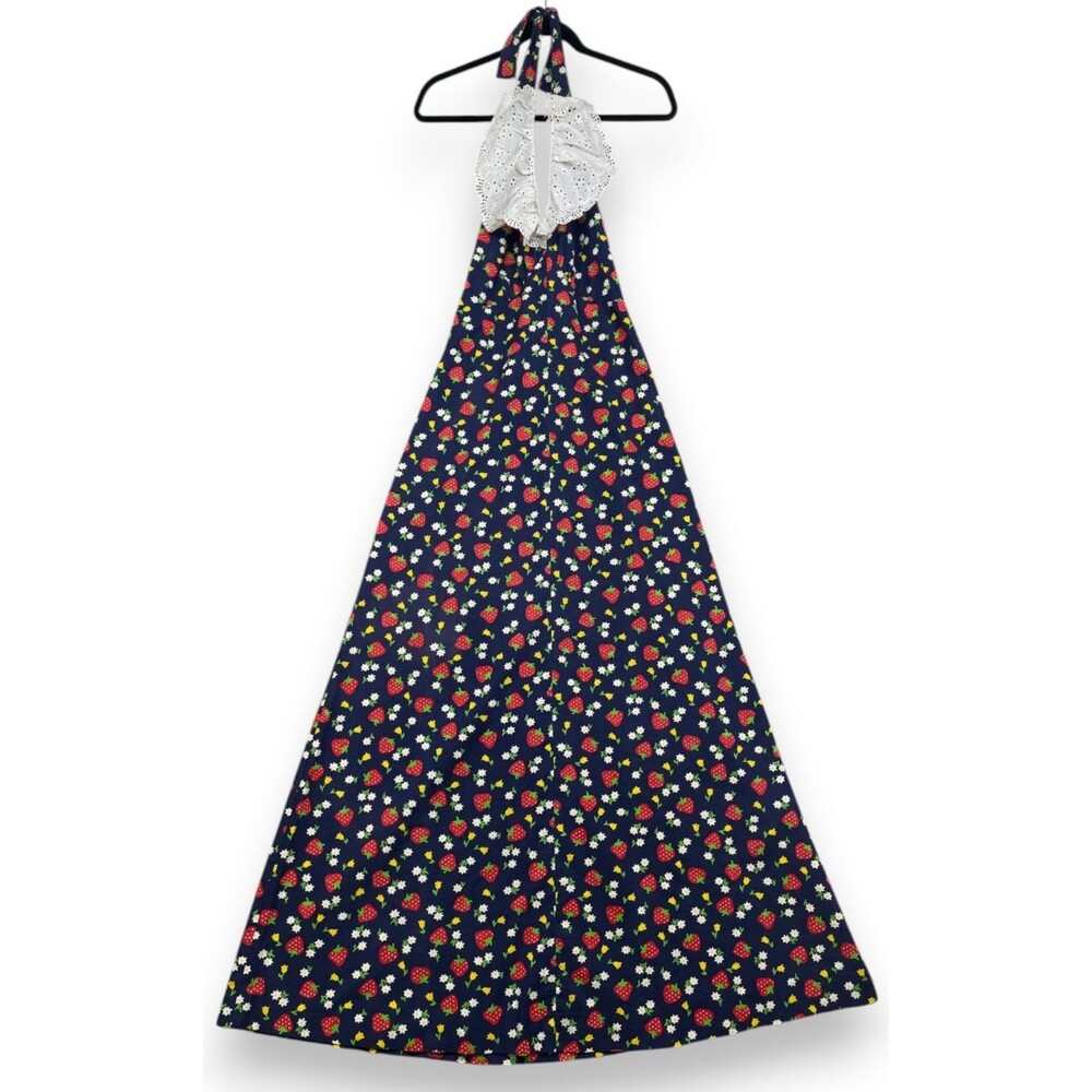 Vintage 70s JC Penney Maxi Dress Womens S M Navy Blue Strawberry Halter Cottage